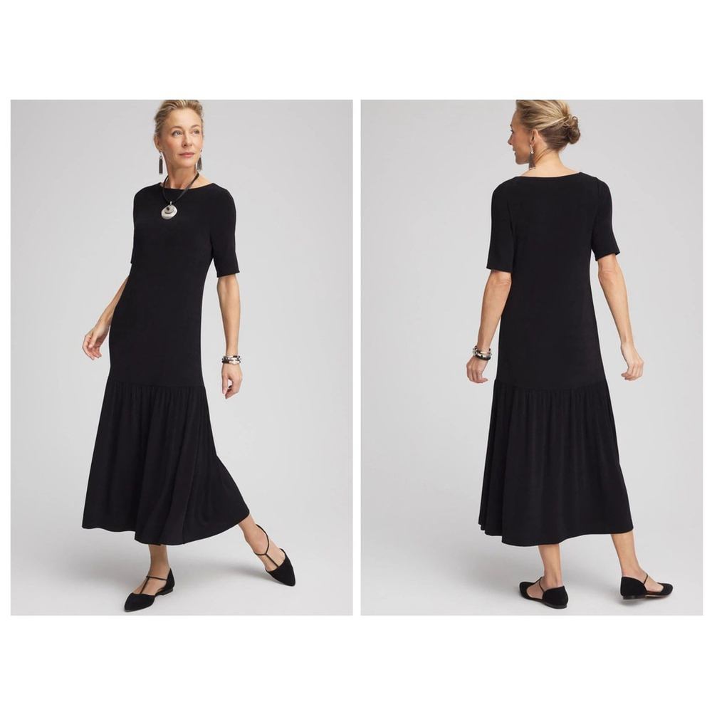 Chico's Women’s Travelers Boatneck Drop-Waist Maxi Dress Size M Black Stretch